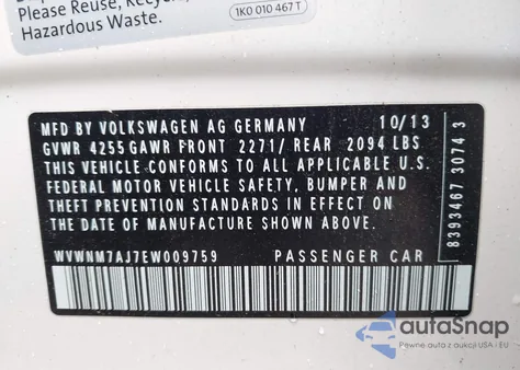 2014 Volkswagen Golf 2.0L Tdi из США, поврежденный, VIN WVWNM7AJ7EW009759